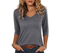 Crewhpo Maglia Donna Maniche Tre Quarti con Tasca Scollo a V Casual | Tocco Leggero, Scollo a V, Tasca sul Petto, Taglio Morbido, Look Casual, Estate Ufficio e Tempo Libero Quotidiano
