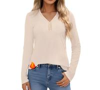 Crewhpo Maglie Termica Cotone Donna Traspirante Maglia Intima a Maniche Lunghe Intimo Termico Invernale Maglietta Termica in Pizzo Sottogiacca Scollo a V Albicocca XS