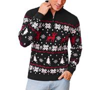 Crewhpo Maglione Natalizio Uomo con Zip 1/4 Maglioni Natali in Inverno Caldo Felpa Natale a Maniche Lunghe Maglione a Maglia con Motivo Renna Motivo Natalizio Nero XXL