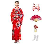 CRFASIBE 5 Pezzi Donna Kimono Corto, Costume Tradizionali Giapponesi Yukata | Tradizionale Kimono con Accessori, Confezione Regalo, Taglia Unica, Vestibilità Ampia, Ideal per Cosplay, Carnevale, Festa