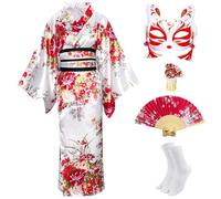 CRFASIBE 5 Pezzi Kimono da Donna a Motivo Fiore, Giapponese Vestaglie Kimono Set di Costumi, Tradizionale Yukata Geisha Vestito per Cospaly con Maschera(Bianco)