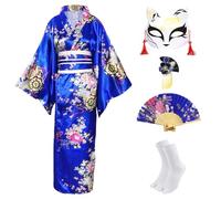 CRFASIBE 5 Pezzi Kimono Giapponese Donna, Tradizionale Giapponese Yukata Geisha Vestaglia, Abito da Stampato Floreale, Cosplay Carnevale Costume Set(Blu Navy)