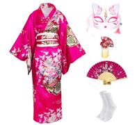 CRFASIBE 5 Pezzi Kimono Giapponese Donna, Tradizionale Giapponese Yukata Geisha Vestaglia, Abito da Stampato Floreale, Cosplay Carnevale Costume Set(Rosso Rosa)