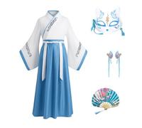 CRFASIBE Hanfu per Bambini, Vestito Tradizionale Cinese per Ragazza, Costumi di Mulan Disguisces, Cinese Antico Cosplay Abito con Accessori, Hanfu per Halloween Carnevale(Blu Chiaro, 130cm)