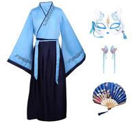 CRFASIBE Hanfu per Bambini, Vestito Tradizionale Cinese per Ragazza, Costumi di Mulan Disguisces, Cinese Antico Cosplay Abito con Accessori, Hanfu per Halloween Carnevale(Blu,150cm)