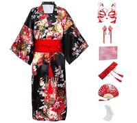 CRFASIBE Kimono Giapponese Stile per Ragazza, Vestito Tradizionale Yukata con Accessori per Cosplay, Festival e Feste a Tema (Nero,140cm)