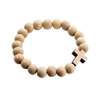 CRFFZ Braccialetto religioso sostenibile con perline rotonde lisce e croci simboliche, da indossare tutti i giorni, delicato sulla pelle, in legno, Misura unica, come descritto
