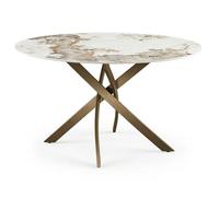 Cribel ROYAL Tavolo Rotondo Top Pandora con Piano in Gres Porcellanato Effetto Marmo e Gambe Bronzo in Metallo Incrociate, Tavolo da Pranzo 120x75 cm