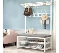 Cribricea Appendiabiti in metallo quattro in uno con panca portascarpe, ganci, cuscini e aste appendiabiti per soggiorno, corridoio e camera da letto(White,60x33x172cm)