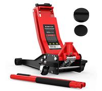 Cric idraulico 3T ribassato 75-505mm con 2 tamponi in gomma - Sollevatore auto professionale con ruote girevoli a 360° - Rosso