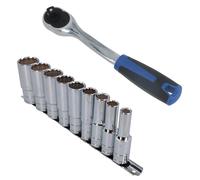 Cricchetto curvo unità 1/2" 72 denti + prese profonde Whitworth 9 pz 1/8" - 5/8"