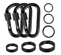 cridoz Carabiner Keychain Clip Hook, 3pcs Locking Carabiner D Ring Clips with 9pccs Black Flat Key Ring for Water Bottles, Dog Tags and Car Keys (Assorted Sizes)