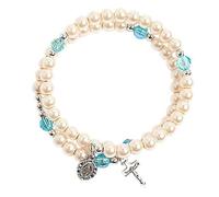 crigema - Bracciale Rosario a molla con Croce e medaglietta della Madonna Miracolosa - Circonferenza 19 cm - Grani in similperla (BIANCO)
