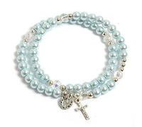crigema - Bracciale Rosario a molla con Croce e medaglietta della Madonna Miracolosa - Circonferenza 19 cm - Grani in similperla (AZZURRO)