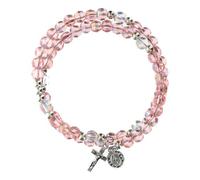 crigema - Bracciale Rosario a molla con Croce e medaglietta della Madonna Miracolosa - Circonferenza 19 cm - Grani in vetro (ROSA VETRO)
