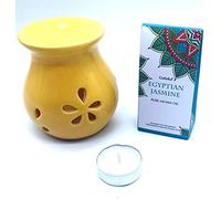 CRIGEMA - Set con Olio Essenziale Goloka Gelsomino, Brucia essenze in Ceramica e Candela Tealight