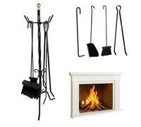 Crisalide® - Set Attrezzi per Camino in Ferro Battuto | 4 Accessori (Scopa, Paletta, Pinza, Attizzatoio) con Supporto da Pavimento | Design Classico Nero Opaco | Altezza 58 cm