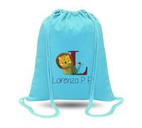 CrisArt Sacca asilo nido in 100% cotone, personalizzata con nome ricamato e simpatico disegno a scelta, zainetto azzurro per nido o materna, misura grande 47x37cm