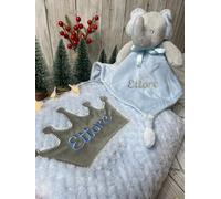 CrisArt Set nascita copertina e doudou elefante con nome ricamato in argento, idea regalo per neonati, tema reale, azzurro (argento.m)