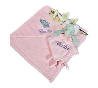 CrisArt Set nascita personalizzato asciugamano con cappuccio e doudou elefante, rosa o blu con ricamo del nome, idea regalo nascita battesimo Natale (rosa)