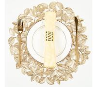 Crisjanggo Set di 6 tovagliette metalliche rotonde con foglie dorate, antiscivolo, lavabili per cene, feste, matrimoni, centrotavola