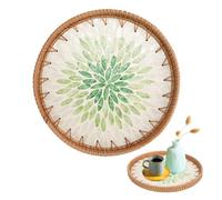 CRITIVE-SHOP Vassoio rotondo in rattan con madreperla, cesti decorativi in vimini per la conservazione della casa e display, vassoio in tessuto per colazione frutta e alimenti (Emerald)