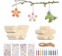 Criveple Set di 40 Pezzi Fai Da Te Per Bambini, Farfalla e Fiori con Penna ad Acquerello, Legno, Adesivi e Pietre Preziose