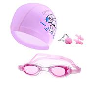 CRIVERS Set di occhiali da nuoto nuoto in stile cartoon, protezione da nuoto per nuoto nuoto con clip a naso libero e tappi per orecchie per bambini, bambini, studenti, ragazzi e ragazze (Rosa set)