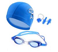 CRIVERS Set di occhiali da nuoto nuoto in stile cartoon, protezione da nuoto per nuoto nuoto con clip a naso libero e tappi per orecchie per bambini, bambini, studenti, ragazzi e ragazze (Blu set)