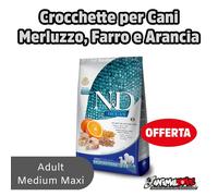 Farmina N&D Ocean Canine Adult Medium/Maxi Merluzzo Farro e Arancia - 12 kg - Croccantini per cani - 1° ORDINE? scegli lo sconto BZR5 / BZR20 + 200 punti fedeltà