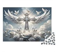 Croce con ali d'angelo 1000 Pezzi Croce d'argento e fiori Cartone Resistente Puzzle Per Uomo E Donna, Difficile Sfida Educativa, Idea Regalo Famiglia 52x38cm/1000pcs