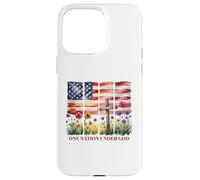 Croce con bandiera americana One Nation Under God e fiori selvatici Custodia per iPhone 15 Pro Max