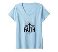Croce devozionale Religiosa Uomo di Fede Uomo Maglietta con Collo a V, Donna, Celeste, XL
