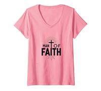 Croce devozionale Religiosa Uomo di Fede Uomo Maglietta con Collo a V, Donna, Rosa, S