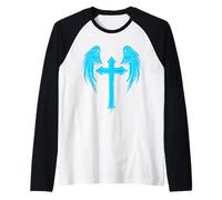 Croce di Gesù con Ali d'Angelo Azzurro Maglia con Maniche Raglan