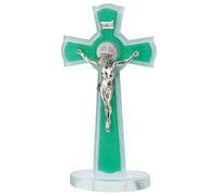 Croce Doppia Cerchio con Base San Benedetto Vetro Verde Corpo Metallo 16x8 cm
