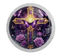 Croce e farfalla viola 4 pezzi pomelli per armadietto, decorazione rotonda in vetro cristallo ABS materiale da cucina, pomelli per cassetti mobili armadio maniglie a foro singolo