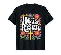 Croce floreale con scritta in lingua inglese "He Is Risen Jesus" Maglietta