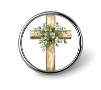 Croce in legno ad acquerello con fiore verde spilla rotonda per uomo donna moda distintivo collare pin vestito giacca zaino accessori