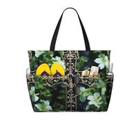 Croce nera tra fiori verdi Borse da spiaggia per donna Borsa da spiaggia grande impermeabile e antisabbia Borsa leggera da cabina per palestra, viaggi e vacanze