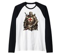 Croce templare Medievale crociato Invecchiato Maglia con Maniche Raglan
