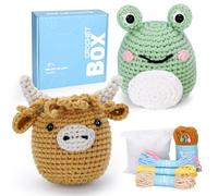 CROCHET BOX Kit Completo per Uncinetto per Principianti - 2 PZ Kit Uncinetto Mucca Highland e Rana, Stile Floreale, Include Video Tutorial, Istruzioni, Filato Morbido, Regalo di Compleanno