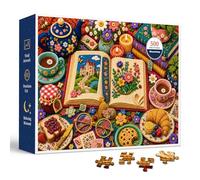 Crochet Tea Garden - Puzzle da 500 pezzi per adulti e ragazzi, scena artistica con filato, libro di fiabe aperto, teiera floreale, candele, libri impilati, tazze da tè, pasticcini e dettagli