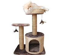 tiragraffi per gatti NATURAL LARIX, realizzato in materiali naturali + soffice pelouche, perfetto in ogni ambiente grazie alla sua eleganza e al suo design, dotato di livelli, cuccia, casetta