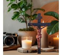 crocifisso - Gesù Wall Cross Catholic, arte murale cristiana con ferita di Cristo, simulazione di resina di lacca rossa | Vintage in resina testurizzata in legno, figurina incrociata sanguinos