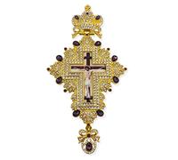 Crocifisso ortodosso con croce pettorale, icona di Gesù, pietre viola, crocifisso placcato oro, catena ornata per sacerdote, pastore, vescovo