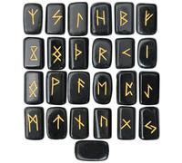 Crocon Black agate rectangle shape gemstone runes with Elder Futhark Alphabet Engraved | 25 pcs rune set | Crystal Divination metaphysical Healing Chakra Reiki runes set| with a pouch| Size: 20-25mm