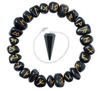 Crocon Set di Pietre runiche incise con Pietre preziose in tormalina Nera (25 Pezzi) con alfabeti Elder Futhark e 1 Set di guarigione per Meditazione con Pendolo Dimensioni: 15-20 mm