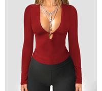 Crop da donna scava fuori per top, scollo a V profondo manica lunga donna | Per serate in discoteca, elegante design cavo, ideale per le donne, morbido tessuto in poliestere, taglie S-XL