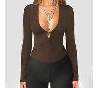 Crop da donna scava fuori per top, scollo a V profondo manica lunga donna | Per serate in discoteca, elegante design cavo, ideale per le donne, morbido tessuto in poliestere, taglie S-XL